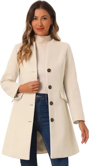 Allegra K Women's Winter Overcoat Pea Coat Elegant V Neck Single Breasted Coat Outerwear