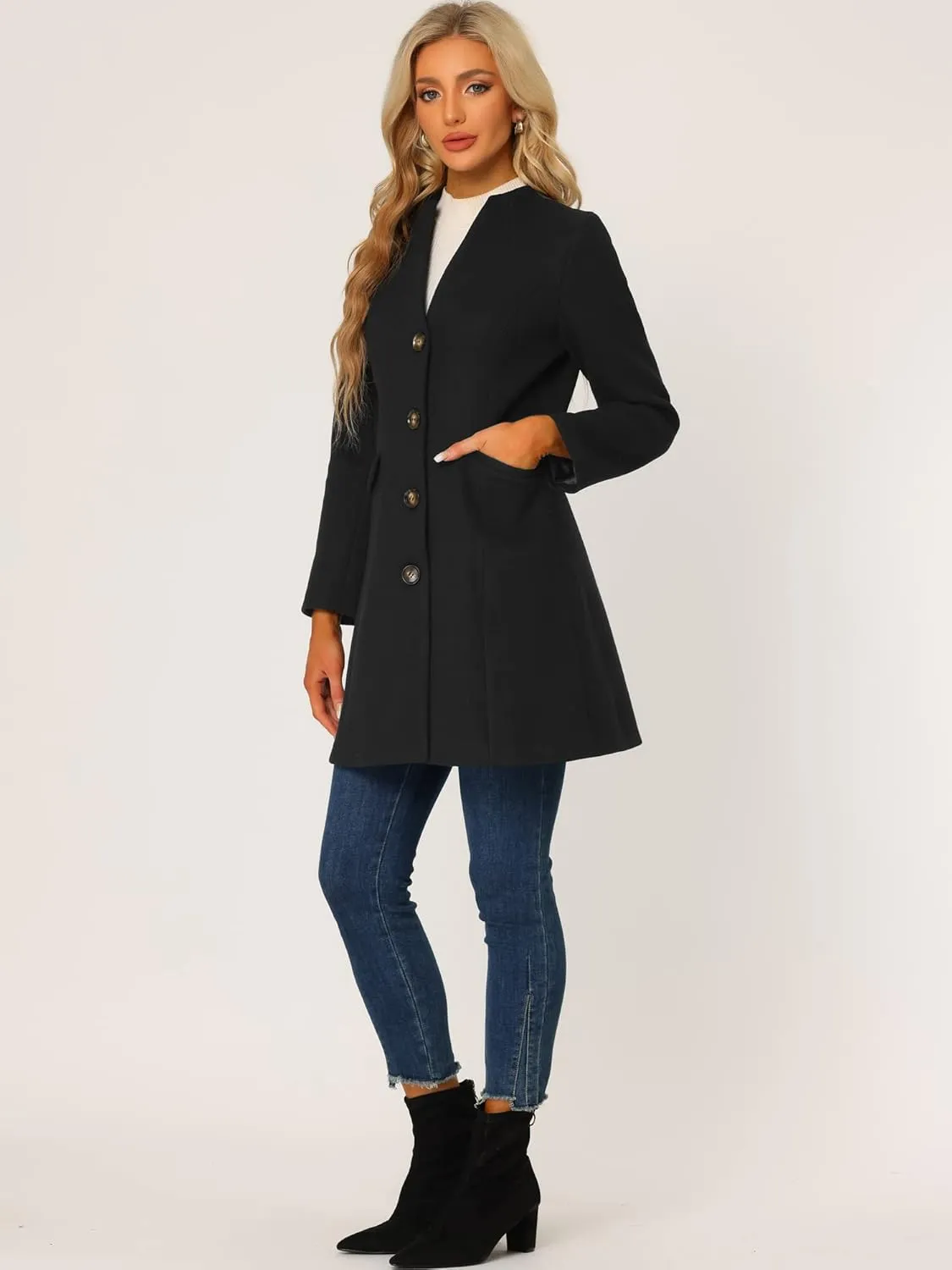 Allegra K Women's Winter Overcoat Pea Coat Elegant V Neck Single Breasted Coat Outerwear