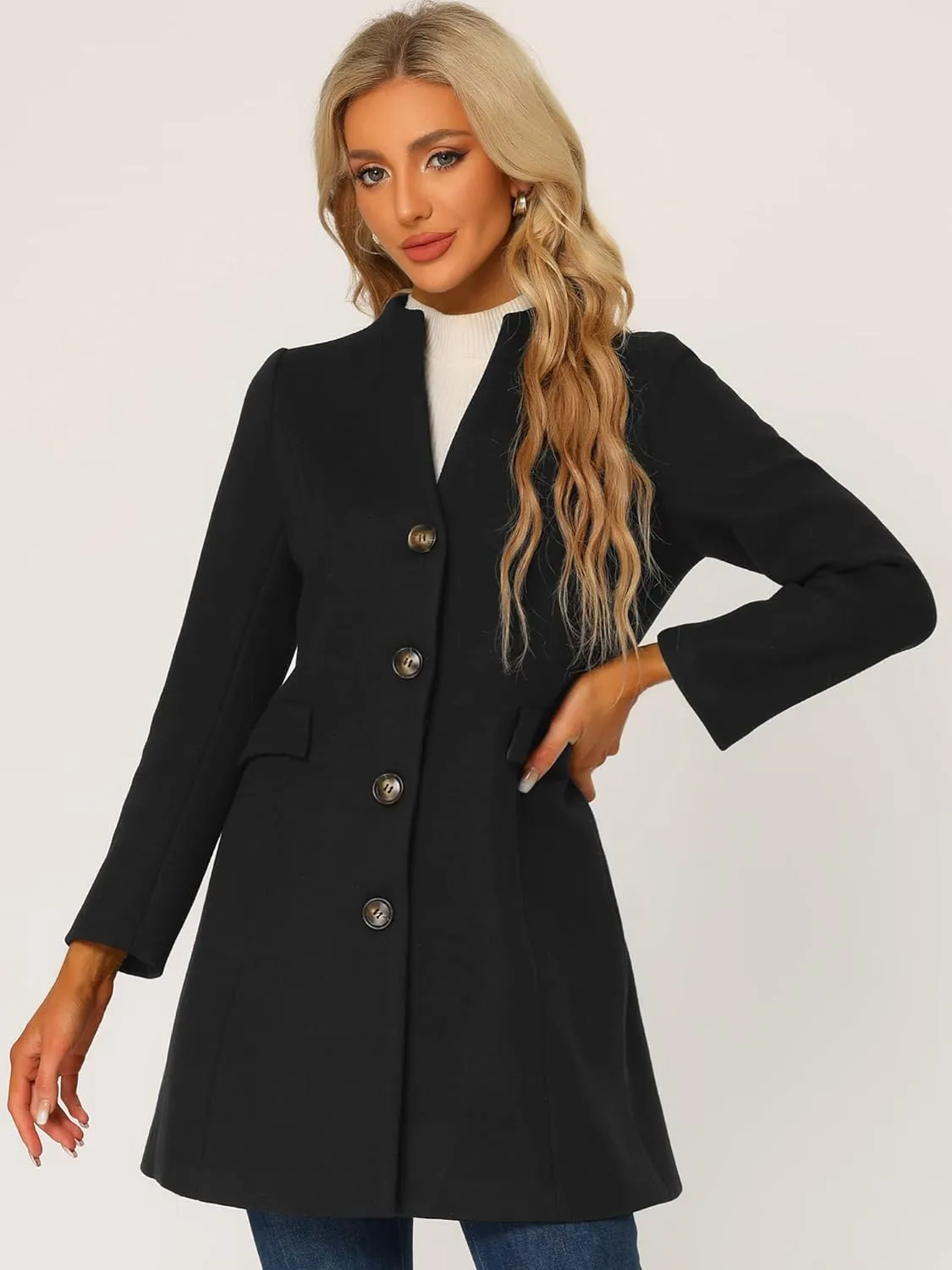 Allegra K Women's Winter Overcoat Pea Coat Elegant V Neck Single Breasted Coat Outerwear