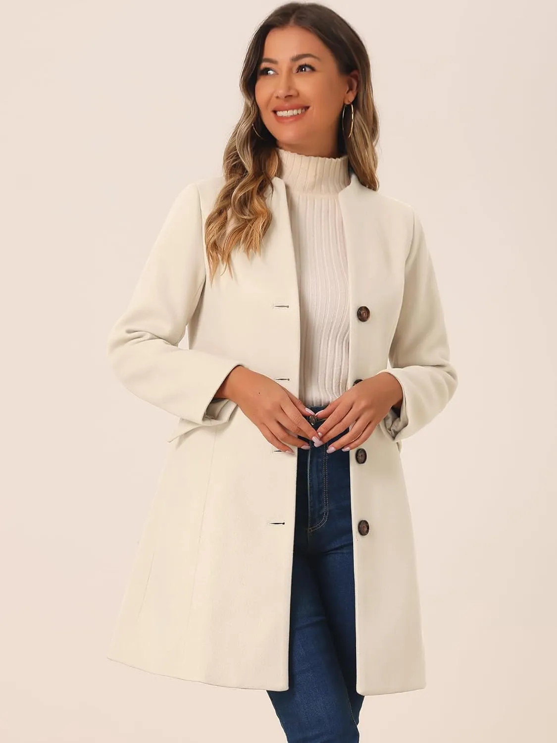 Allegra K Women's Winter Overcoat Pea Coat Elegant V Neck Single Breasted Coat Outerwear