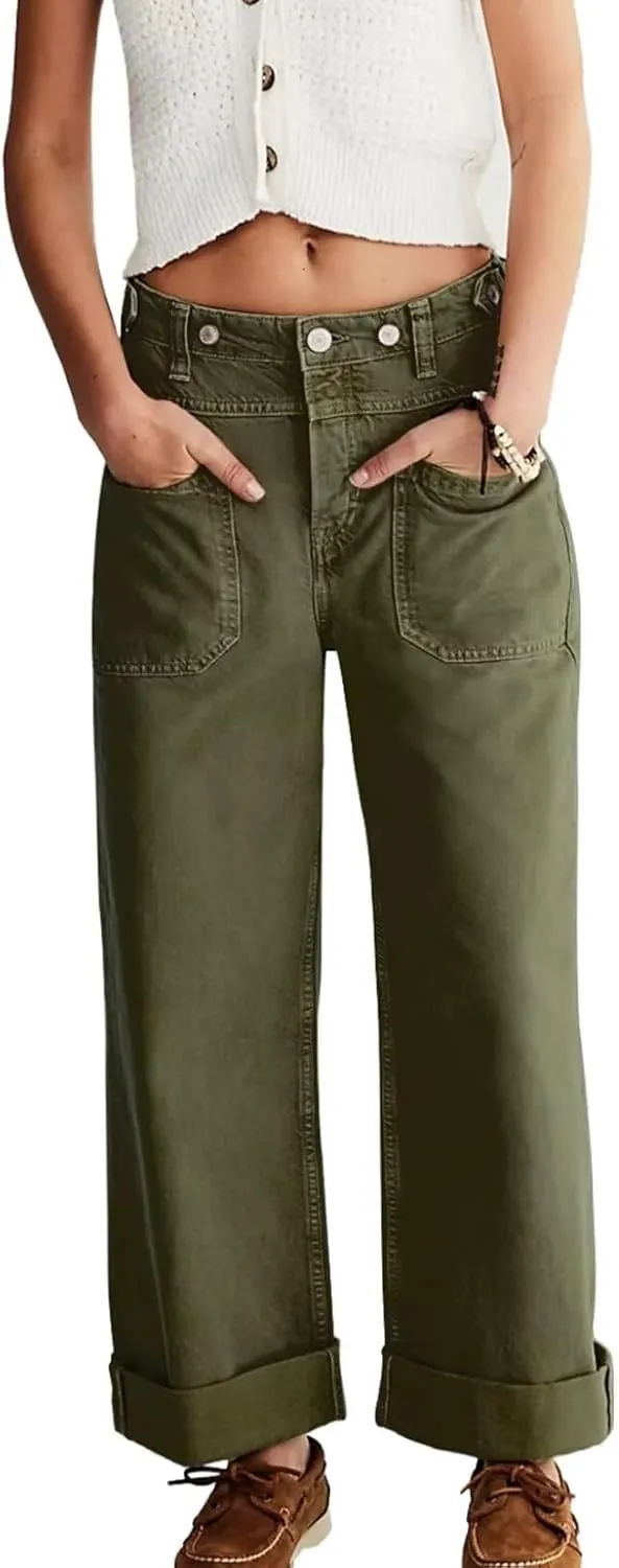 Allimy Womens Jeans High Waisted High Rise Straight Leg Baggy Ankle Wide Leg Pants Woman Y2K Mom Boyfriend Jeans for Women Trendy 2025 Denim Cargo Pants Women Green Size 10