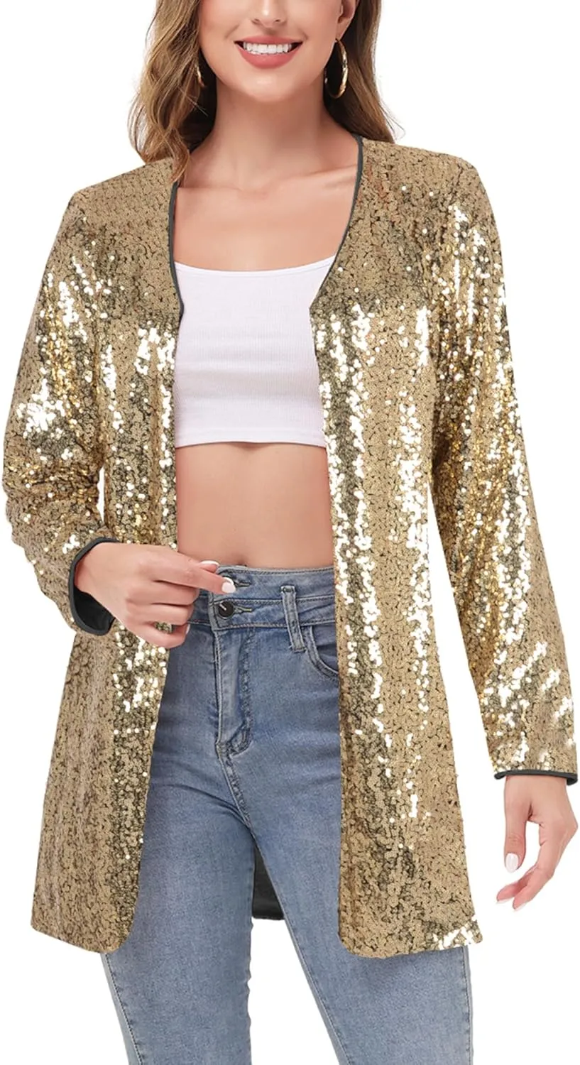Anna-Kaci Women's Open Front Sequin Coat Las Vegas Blazer Party Club Cocktail Jacket Outerwear