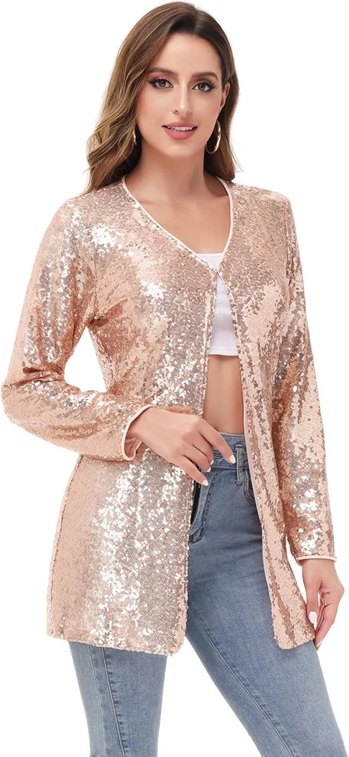 Anna-Kaci Women's Open Front Sequin Coat Las Vegas Blazer Party Club Cocktail Jacket Outerwear