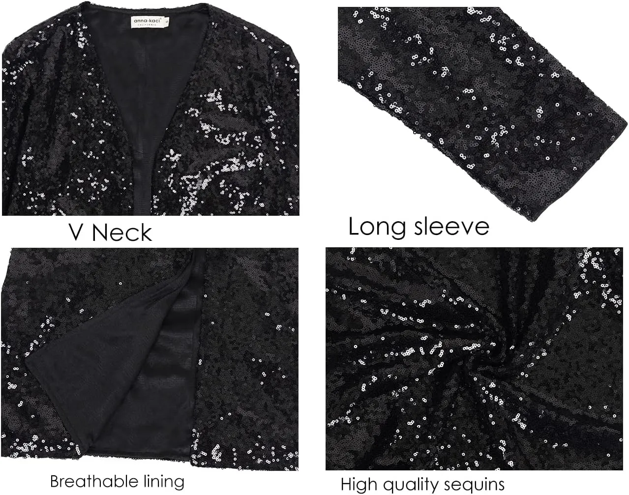 Anna-Kaci Women's Sequin Jacket Open Front Coat Blazer Party Cocktail Outerwear Cardigan,