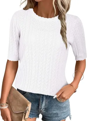 Arach&Cloz Womens Summer Sweater 2025 Spring Tops Short Sleeve Casual Blouses Crewneck Hollow Out Knit Pullover Shirt