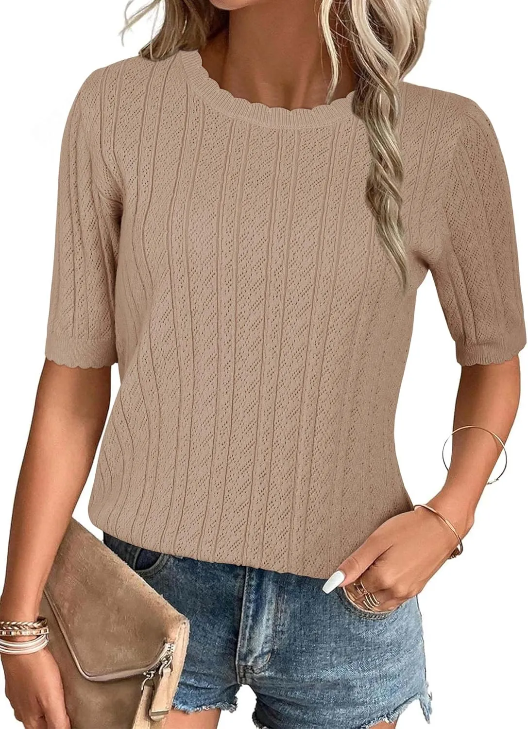 Arach&Cloz Womens Summer Sweater 2025 Spring Tops Short Sleeve Casual Blouses Crewneck Hollow Out Knit Pullover Shirt