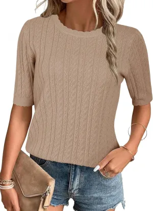 Arach&Cloz Womens Summer Sweater 2025 Spring Tops Short Sleeve Casual Blouses Crewneck Hollow Out Knit Pullover Shirt