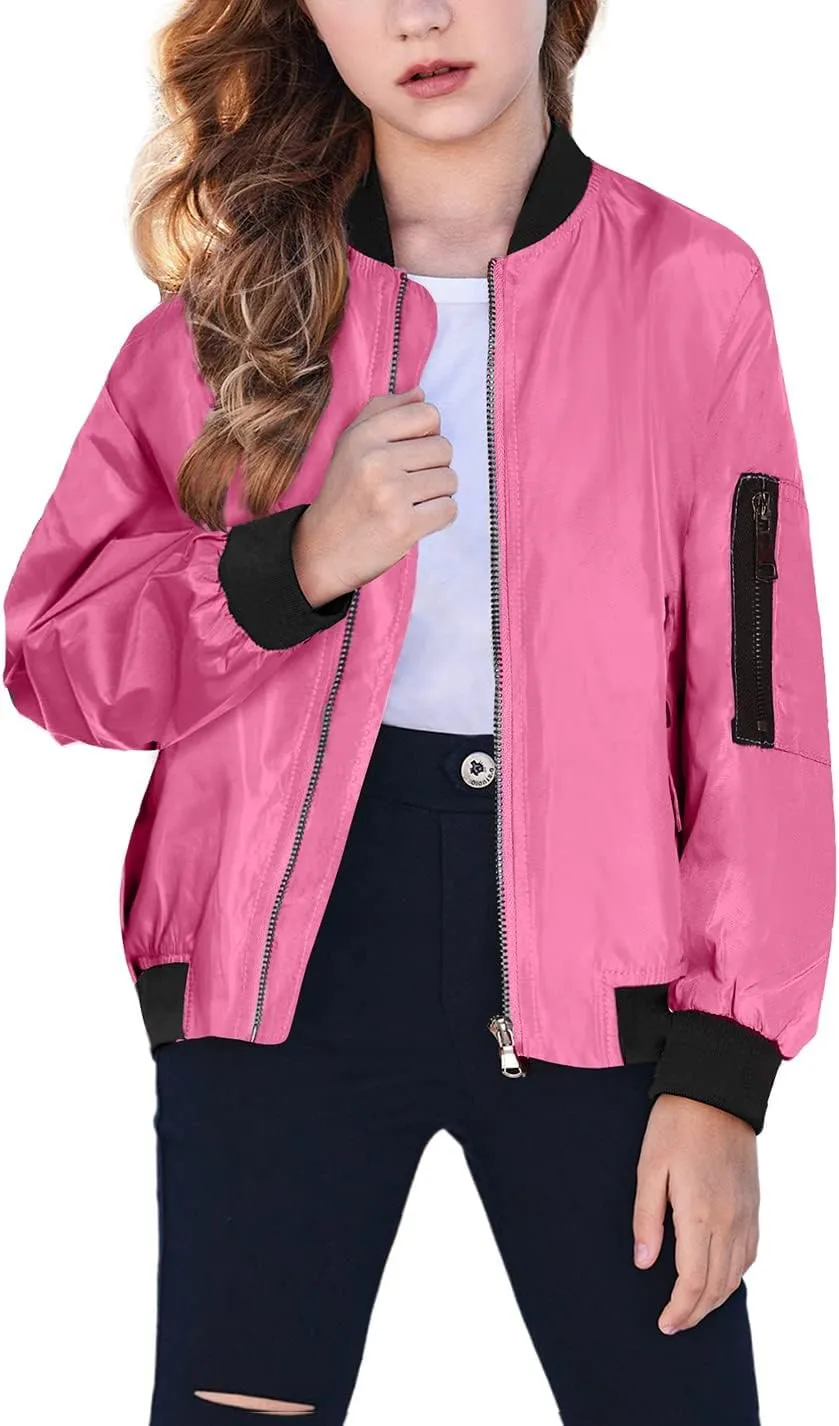 Arshiner Girls Bomber Jacket Casual Coat Zip Up Outerwear with Pockets for 4-12 Years
