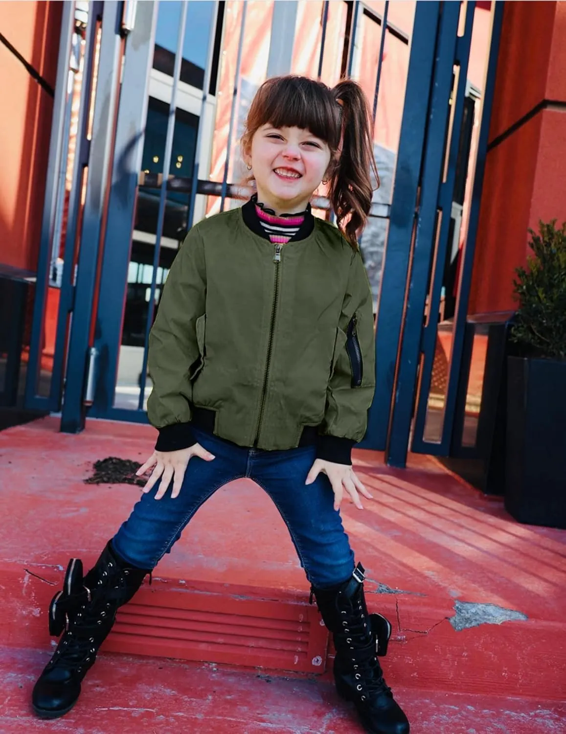 Arshiner Girls Bomber Jacket Casual Coat Zip Up Outerwear with Pockets for 4-12 Years