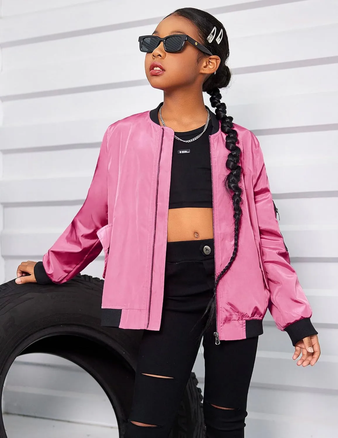 Arshiner Girls Bomber Jacket Casual Coat Zip Up Outerwear with Pockets for 4-12 Years