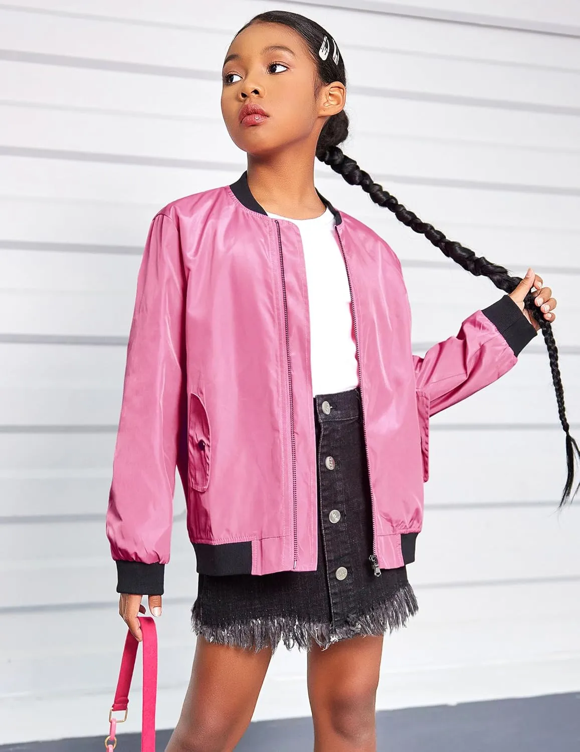 Arshiner Girls Bomber Jacket Casual Coat Zip Up Outerwear with Pockets for 4-12 Years