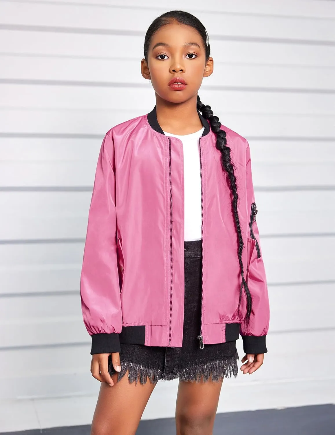 Arshiner Girls Bomber Jacket Casual Coat Zip Up Outerwear with Pockets for 4-12 Years