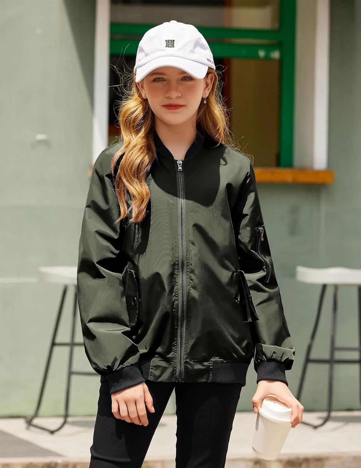 Arshiner Girls Bomber Jacket Casual Coat Zip Up Outerwear with Pockets for 4-12 Years