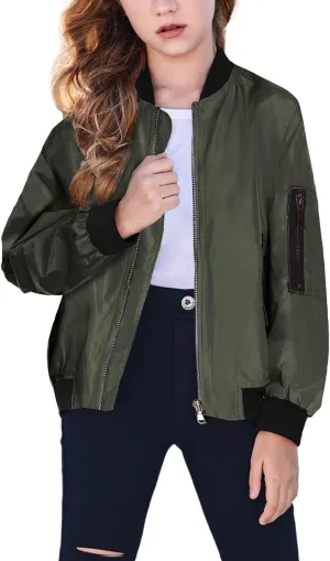 Arshiner Girls Bomber Jacket Casual Coat Zip Up Outerwear with Pockets for 4-12 Years