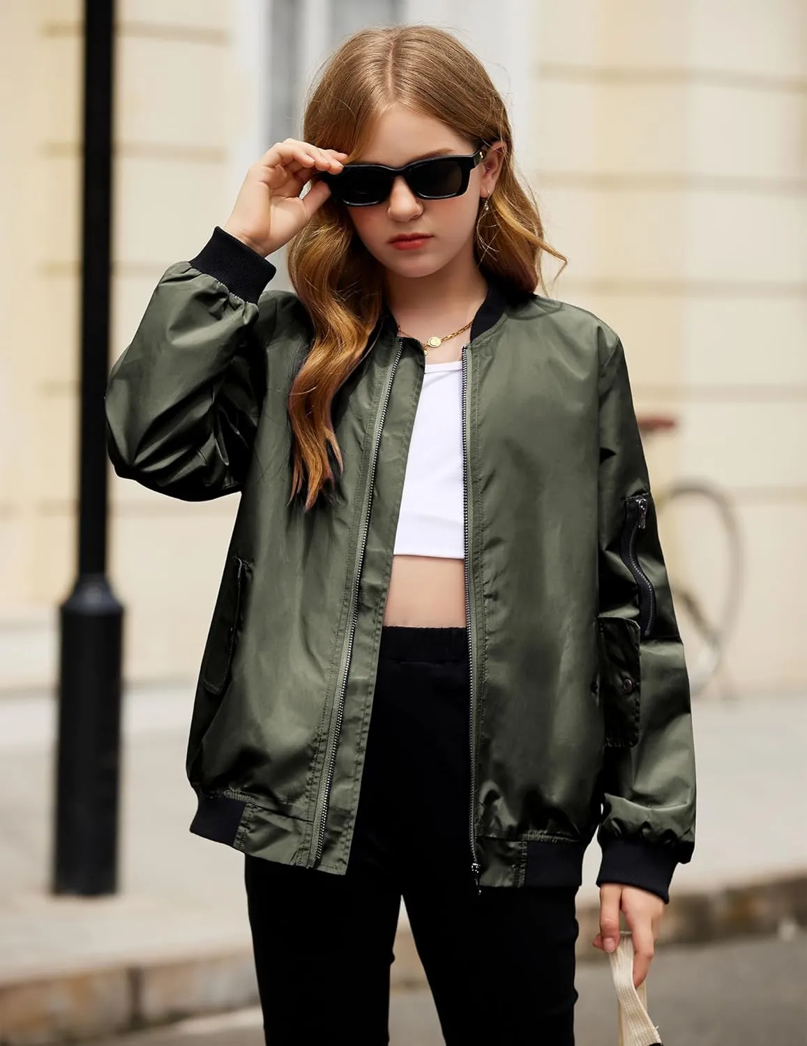 Arshiner Girls Bomber Jacket Casual Coat Zip Up Outerwear with Pockets for 4-12 Years