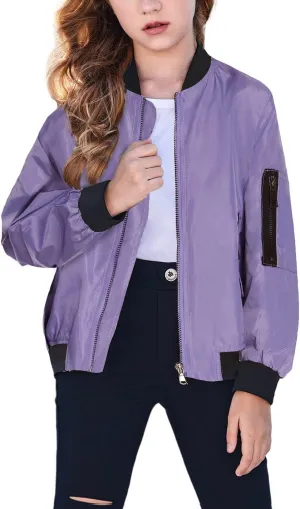 Arshiner Girls Bomber Jacket Casual Coat Zip Up Outerwear with Pockets for 4-12 Years