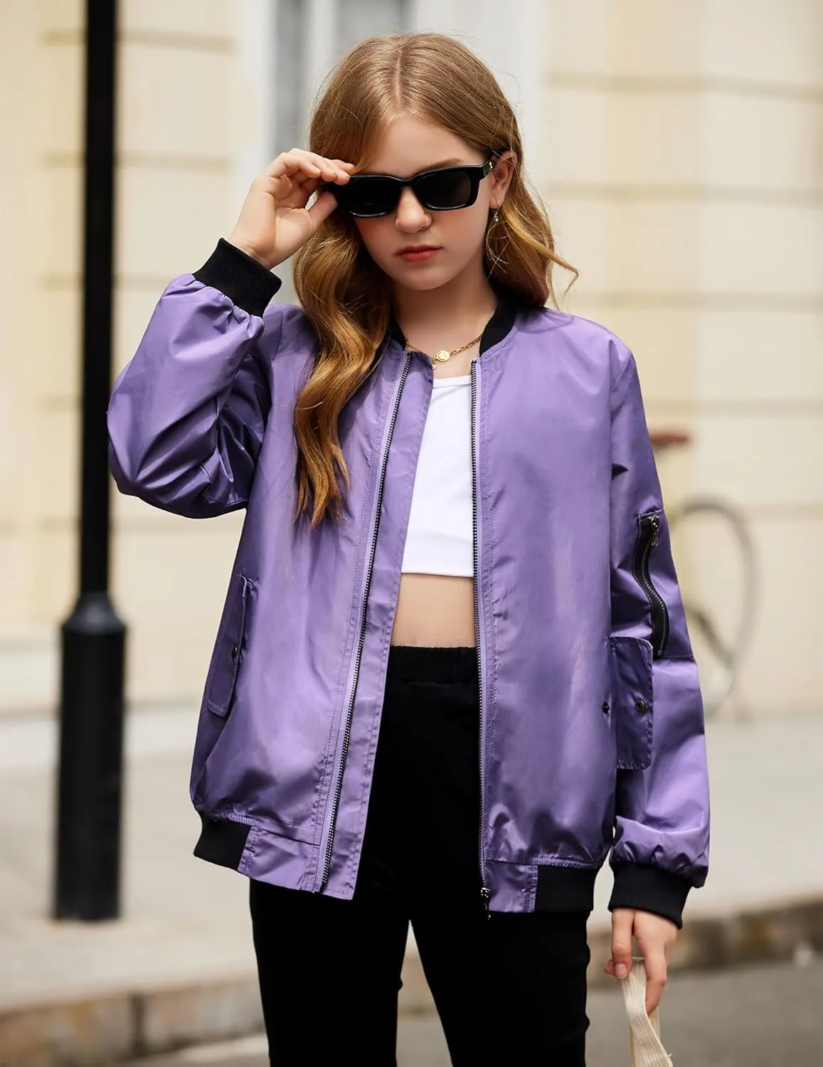 Arshiner Girls Bomber Jacket Casual Coat Zip Up Outerwear with Pockets for 4-12 Years