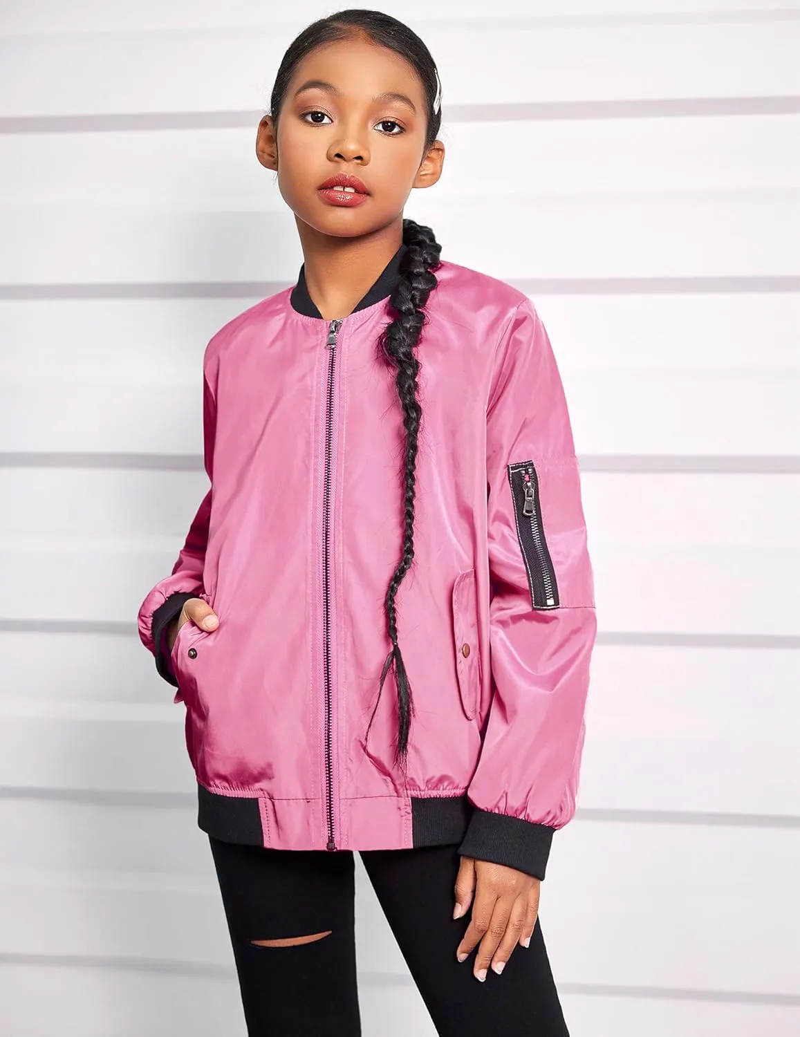 Arshiner Girls Bomber Jacket Casual Coat Zip Up Outerwear with Pockets for 4-12 Years