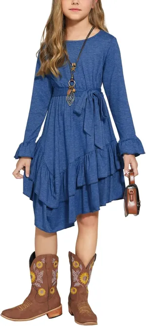 Arshiner Girls Dresses Loose Plain Casual Ruffle Swing Midi Dress with Belt for 5-14 Years