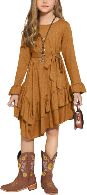 Arshiner Girls Dresses Loose Plain Casual Ruffle Swing Midi Dress with Belt for 5-14 Years