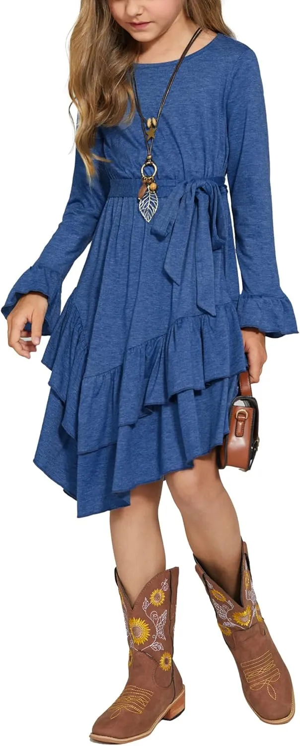 Arshiner Girls Dresses Loose Plain Casual Ruffle Swing Midi Dress with Belt for 5-14 Years