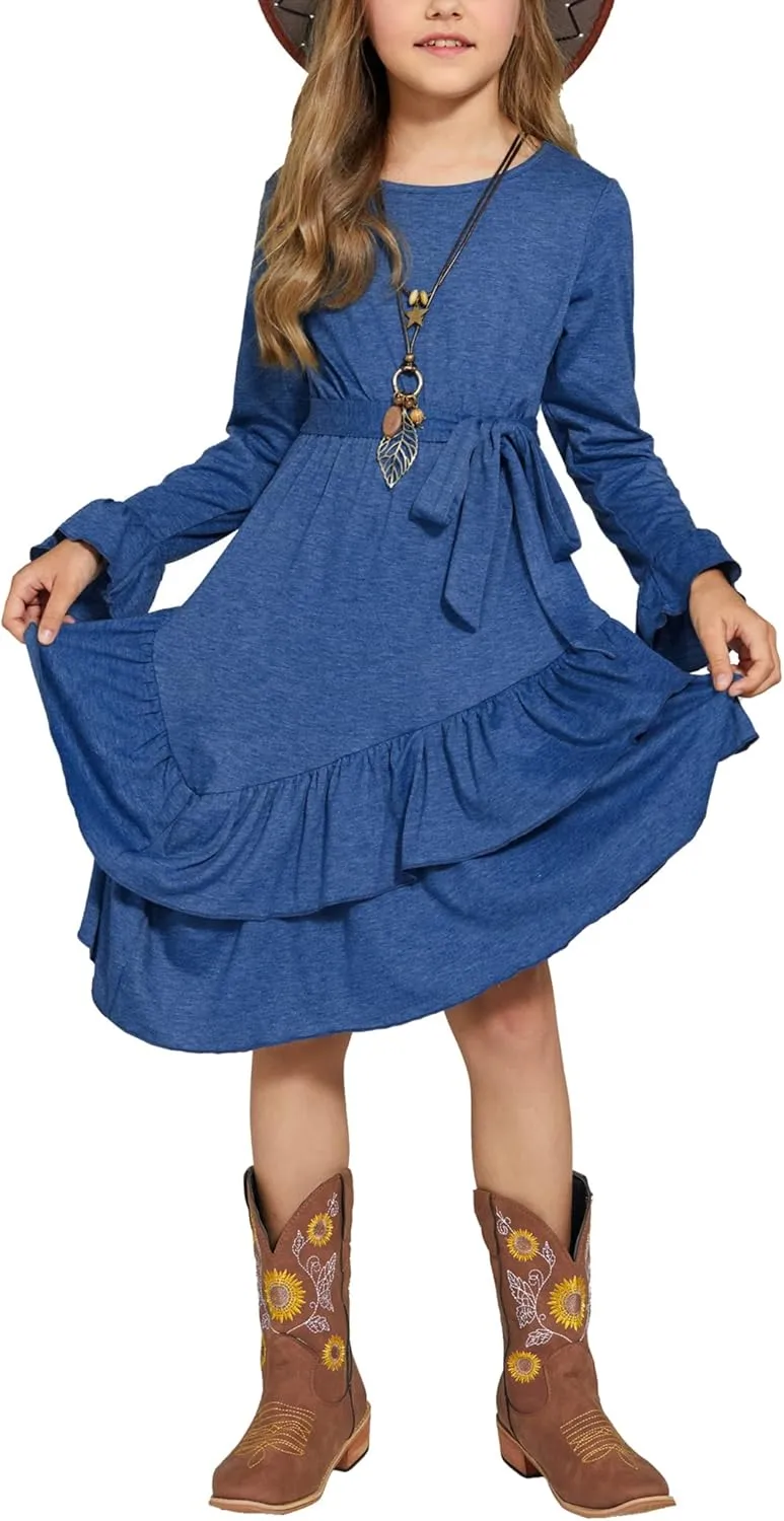 Arshiner Girls Dresses Loose Plain Casual Ruffle Swing Midi Dress with Belt for 5-14 Years