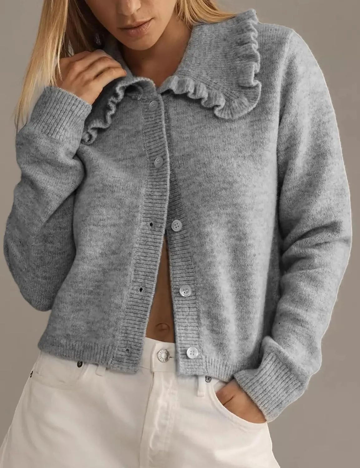 Arssm Womens Ruffle Collar Cardigan Cropped Button Down Open Front Sweaters Knitted Long Sleeve Fall 2025 Elegant Outwear