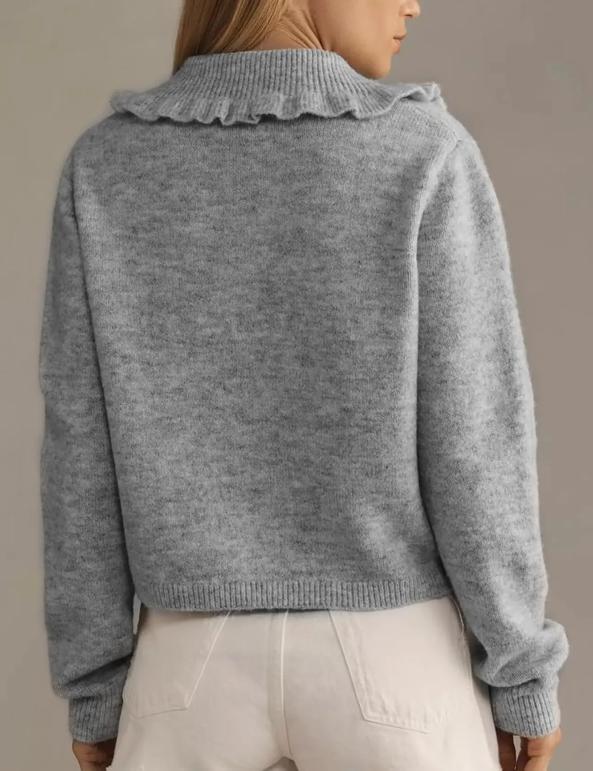 Arssm Womens Ruffle Collar Cardigan Cropped Button Down Open Front Sweaters Knitted Long Sleeve Fall 2025 Elegant Outwear