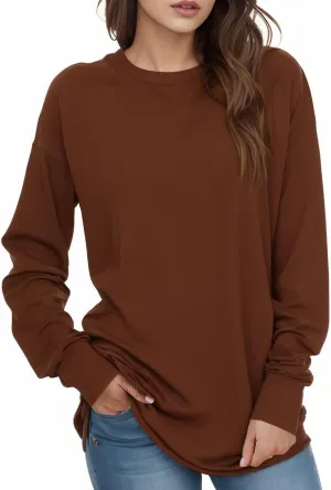 AURUZA Womens Sweatshirts Hoodies Fleece Long Sleeve Crewneck Oversized Pullover Sweaters Casual Crew Neck Fall Clothes Caramel
