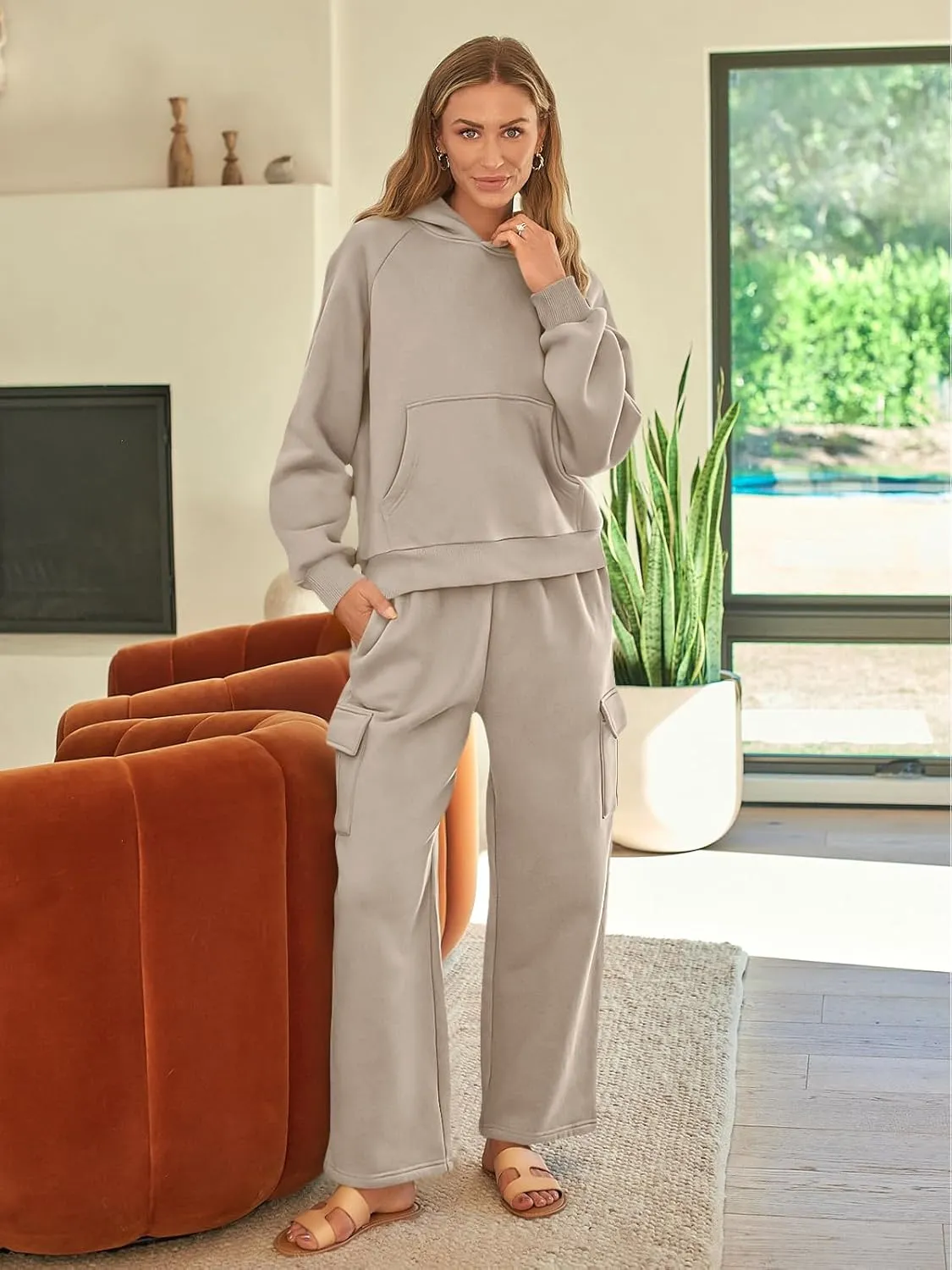 AUTOMET Womens Winter 2 Piece Outfits Long Sleeve Sweatsuits Fall Sets Hoodies with Cargo Wide Leg Sweatpants 2025