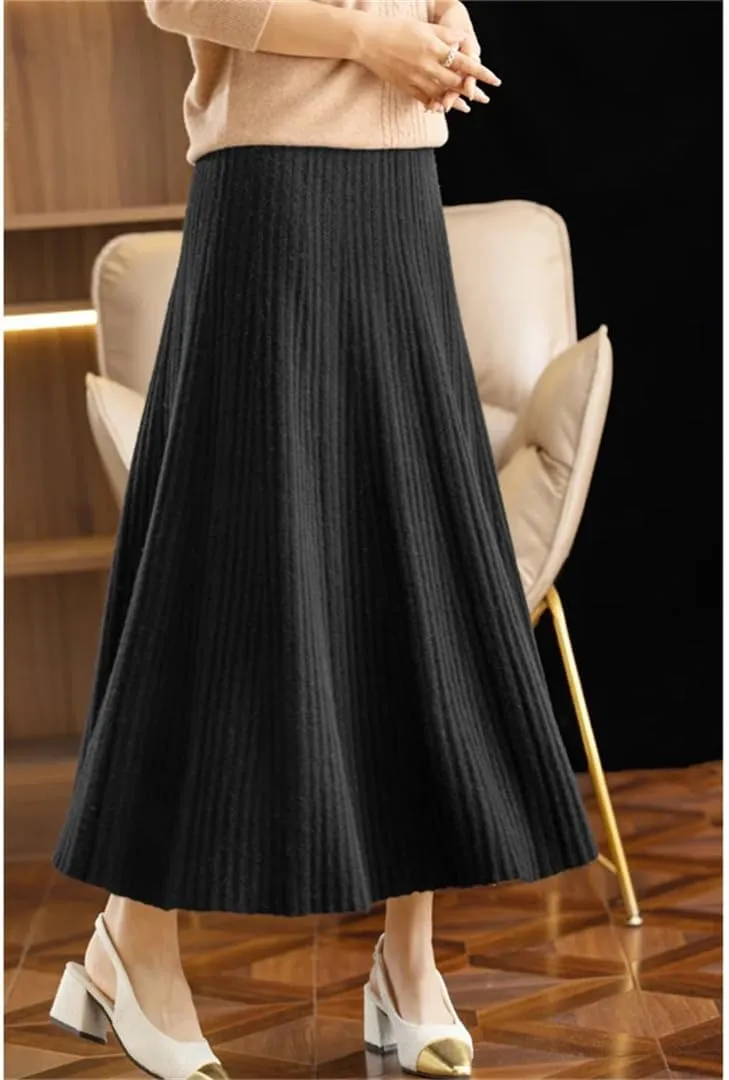 Autumn Winter Women's Elastic High Waist A-Line Pleated Knitted Midi Skirt