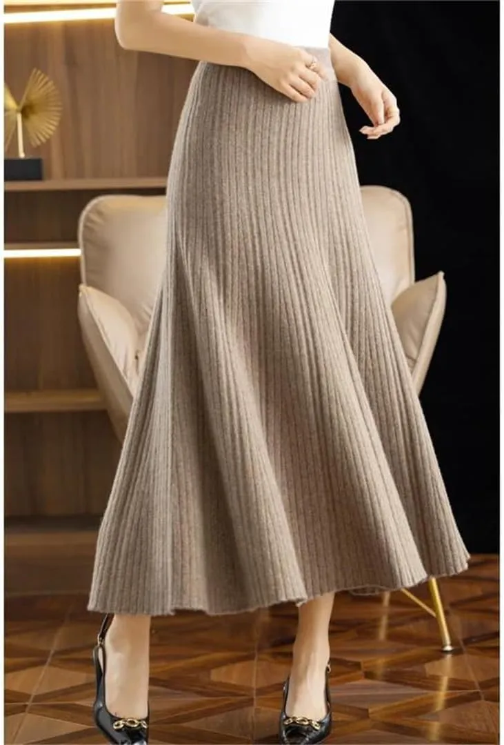 Autumn Winter Women's Elastic High Waist A-Line Pleated Knitted Midi Skirt
