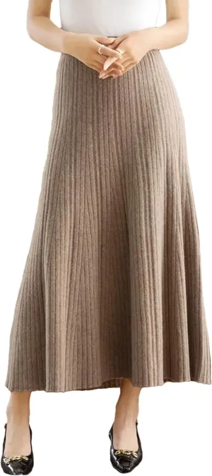 Autumn Winter Women's Elastic High Waist A-Line Pleated Knitted Midi Skirt