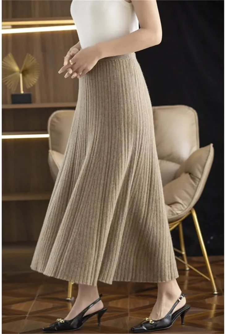 Autumn Winter Women's Elastic High Waist A-Line Pleated Knitted Midi Skirt