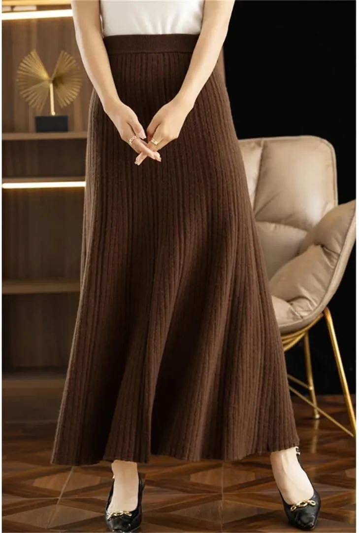 Autumn Winter Women's Elastic High Waist A-Line Pleated Knitted Midi Skirt