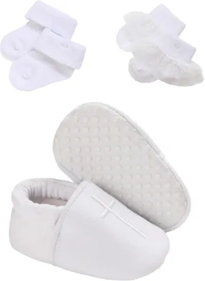 Baby Baptism Shoes & Socks, Boys Girls Infant Toddler, Soft Sole White Christening Sneaker Socks, 3PC