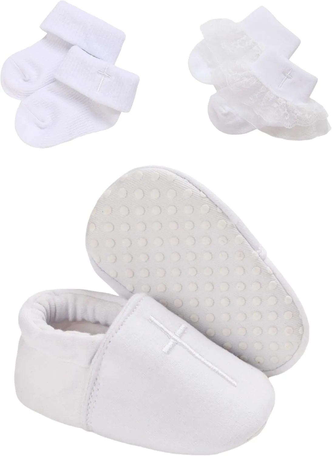 Baby Baptism Shoes & Socks, Boys Girls Infant Toddler, Soft Sole White Christening Sneaker Socks, 3PC
