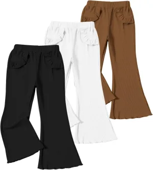 Baby Girls Ribbed Flare Legging Ruffle Bell Bottom Elastic Waist Stretch Yoga ??ootcut Dance Pants Solid Trousers 3PC