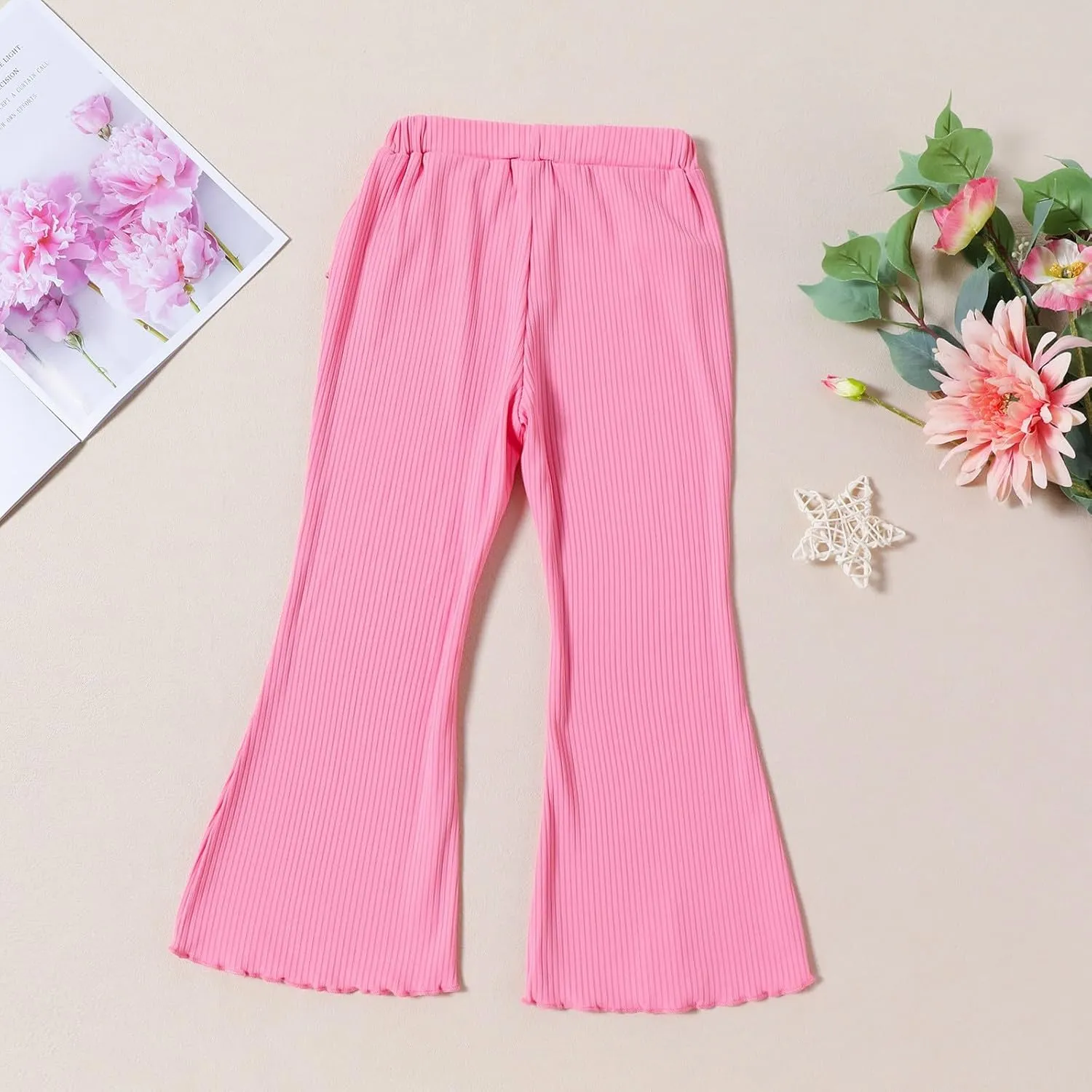 Baby Girls Ribbed Flare Legging Ruffle Bell Bottom Elastic Waist Stretch Yoga ??ootcut Dance Pants Solid Trousers 3PC