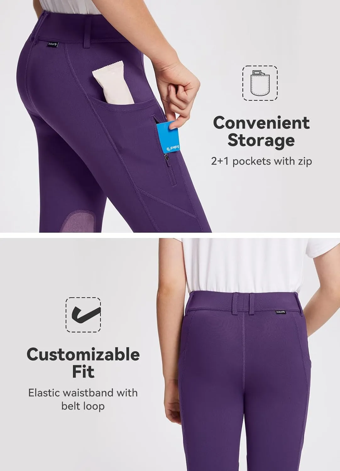 baleaf Girls Riding Pants Kids Equestrian Breeches Knee-Patch Zip Pocket Horseback Tights