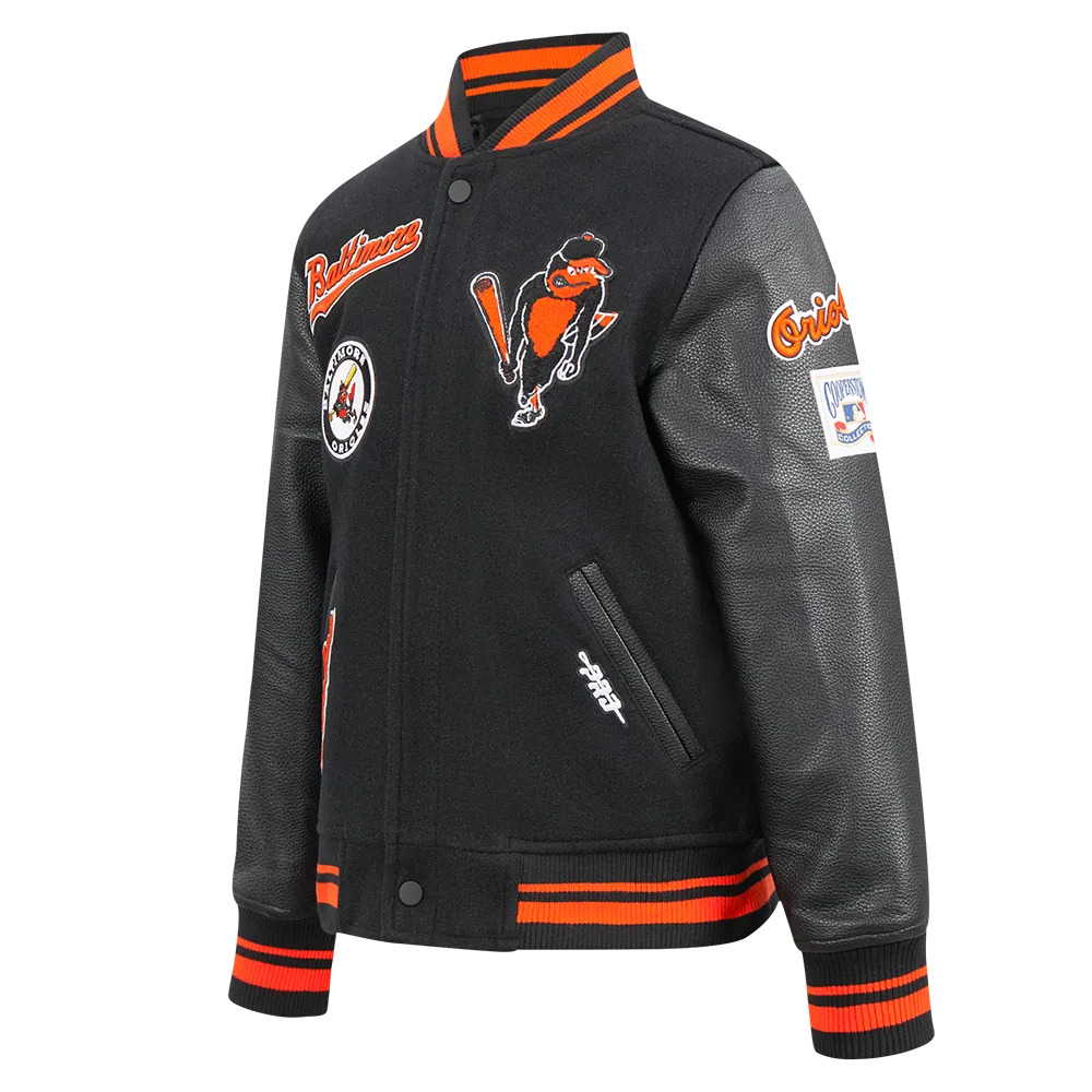 BALTIMORE ORIOLES RETRO CLASSIC BIG BOYS RIB WOOL VARSITY JACKET (BLACK/ORANGE)