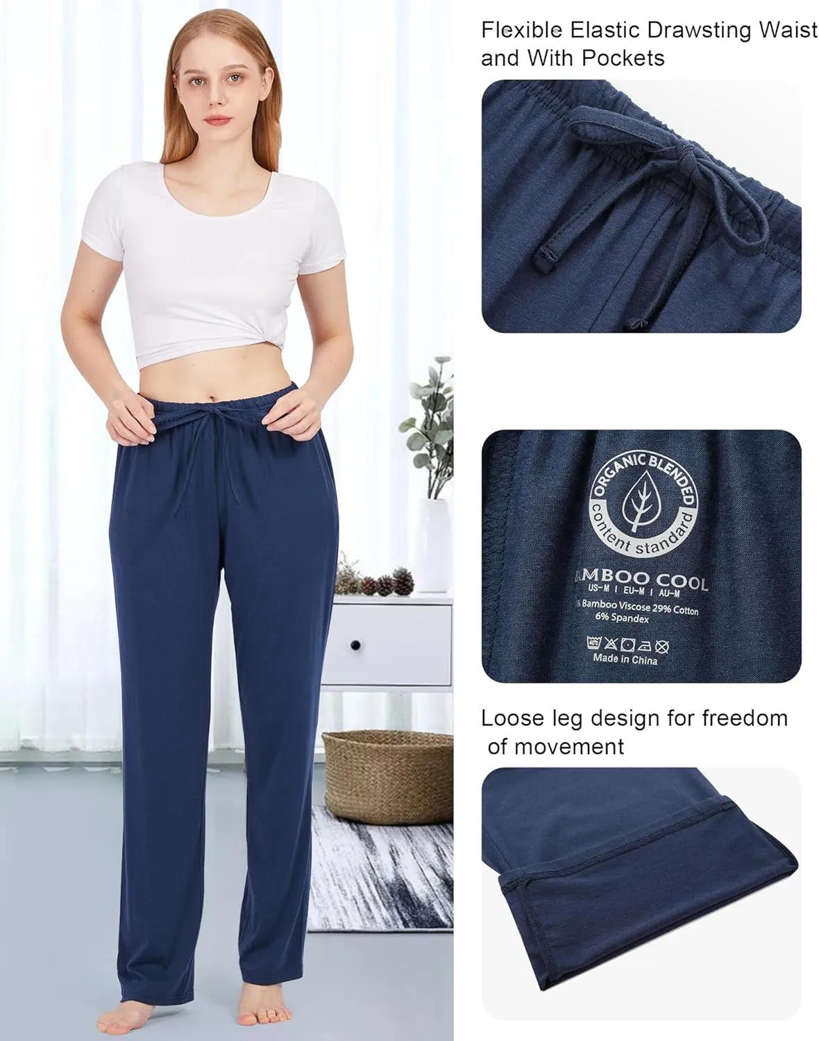 BAMBOO COOL Women Pajama Pants Comfy Lounge Sleep Bottoms, Casual Pj Pants with Pockets and Stretch Drawstring