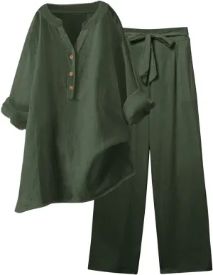 Beach Vacation Clothes for Women Summer Linen Matching 2 Piece Sets Casual Loose Oversized Drawstring Pants Outfits