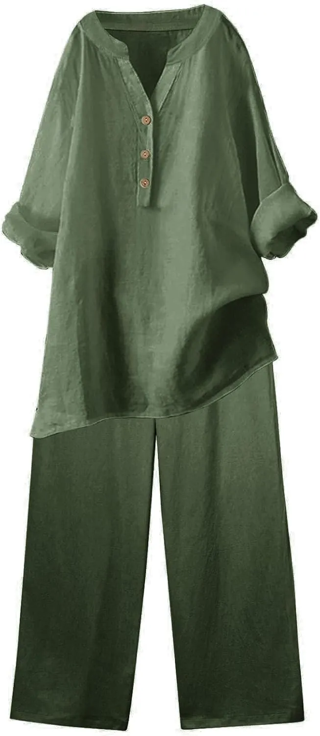 Beach Vacation Clothes for Women Summer Linen Matching 2 Piece Sets Casual Loose Oversized Drawstring Pants Outfits