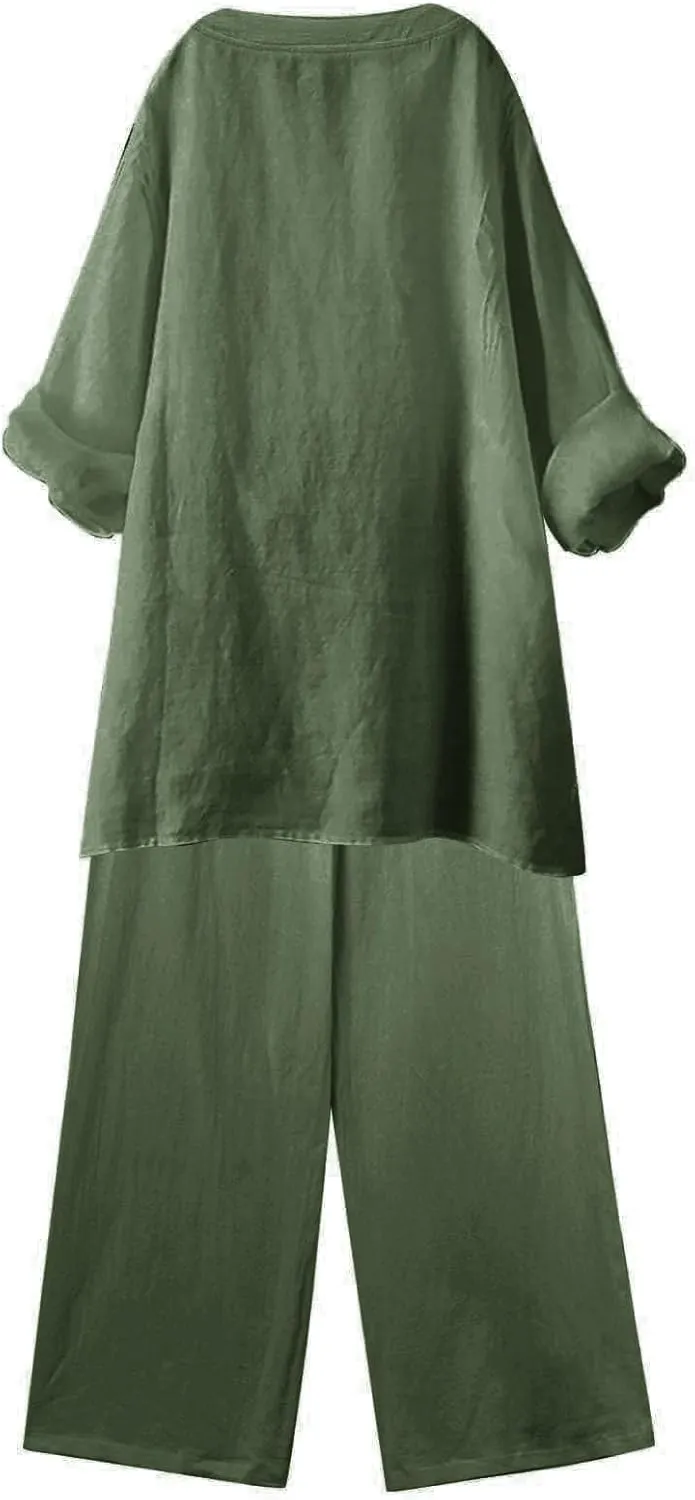 Beach Vacation Clothes for Women Summer Linen Matching 2 Piece Sets Casual Loose Oversized Drawstring Pants Outfits