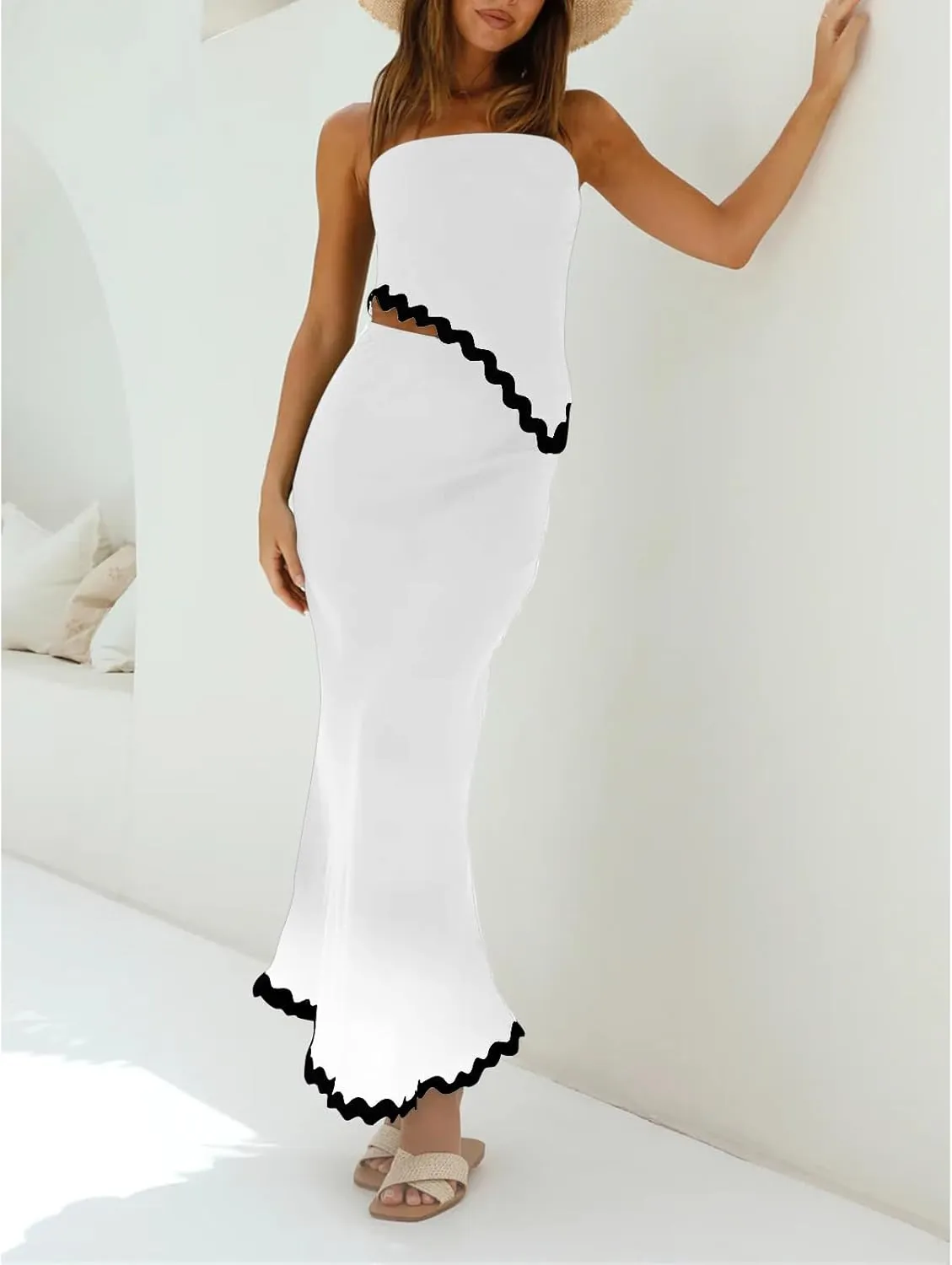 Beach Vacation Midi Dress Set 2024 Summer 2 Piece Sets Sleeveless Irregular Tube Top and Flowy Maxi Skirt Outfits