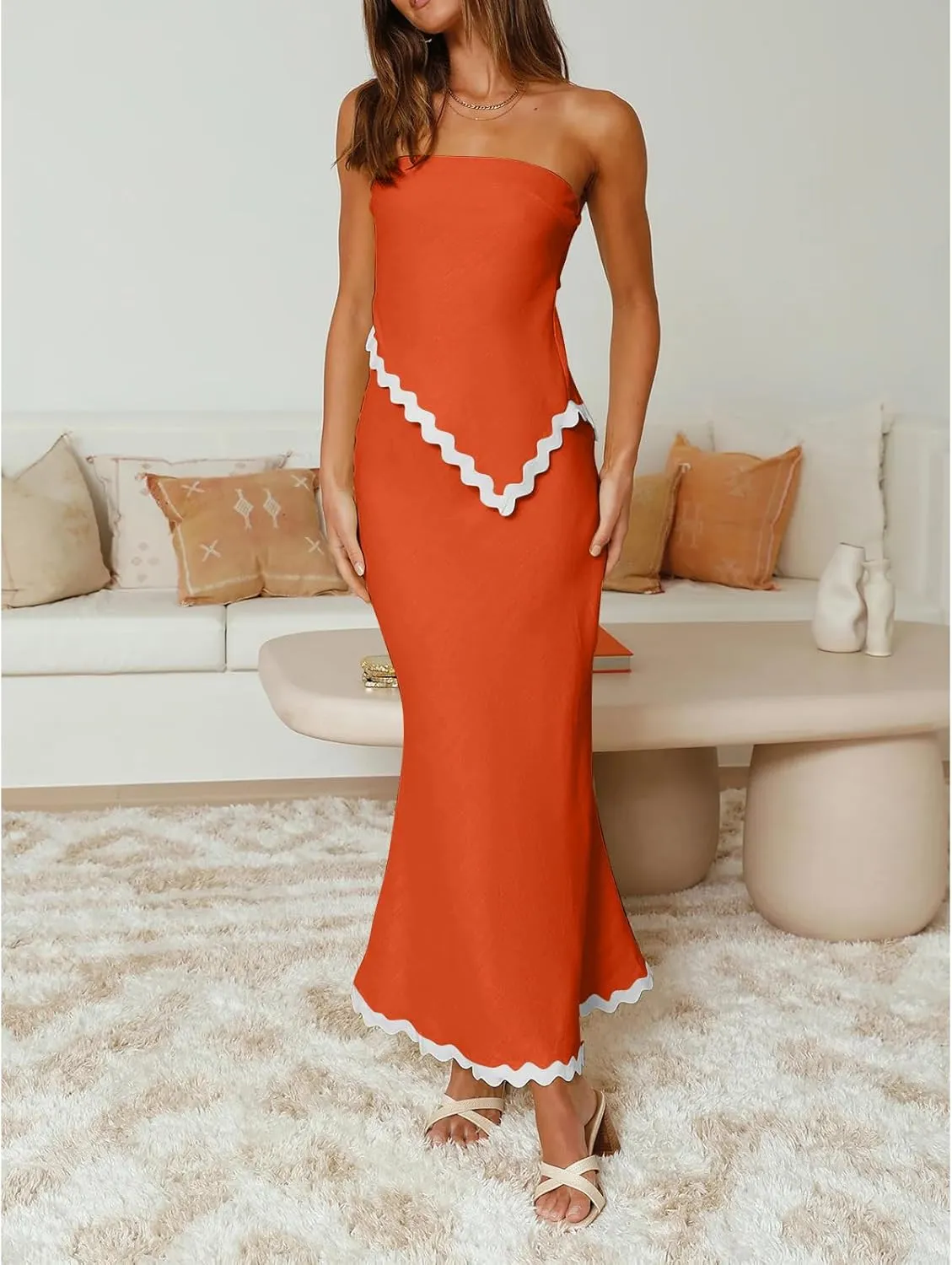 Beach Vacation Midi Dress Set 2024 Summer 2 Piece Sets Sleeveless Irregular Tube Top and Flowy Maxi Skirt Outfits