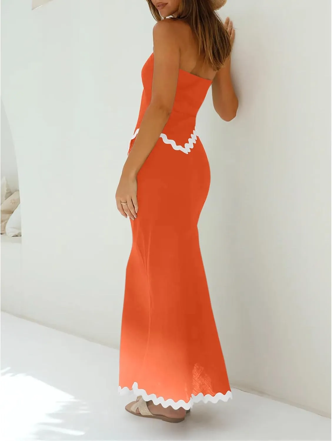 Beach Vacation Midi Dress Set 2024 Summer 2 Piece Sets Sleeveless Irregular Tube Top and Flowy Maxi Skirt Outfits