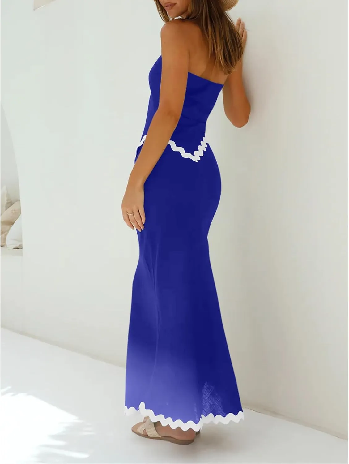 Beach Vacation Midi Dress Set 2024 Summer 2 Piece Sets Sleeveless Irregular Tube Top and Flowy Maxi Skirt Outfits