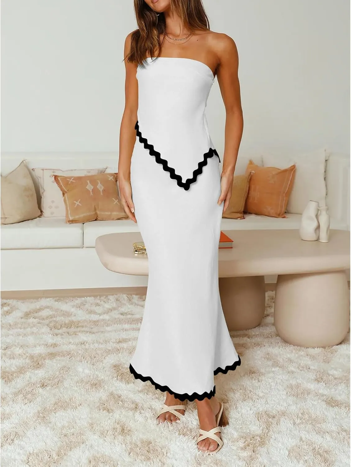 Beach Vacation Midi Dress Set 2024 Summer 2 Piece Sets Sleeveless Irregular Tube Top and Flowy Maxi Skirt Outfits